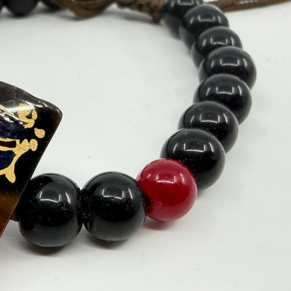 Hand Painted Butterfly Bracelet Black Red Beaded Adjustable Boho Artisan Gift